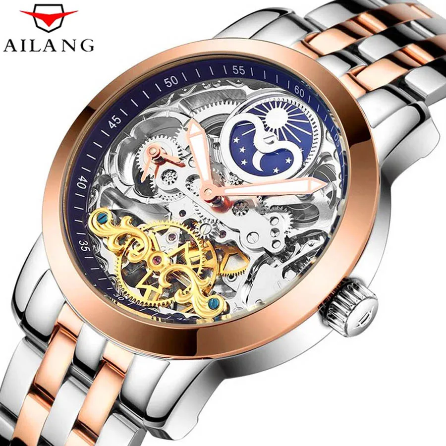 AILANG الحصري الأصلي تصميم الرجال شفافة الميكانيكية ووتش الجودة ووتش للماء ساعة من الفولاذ المقاوم للصدأ العرض المزدوج AILANG الحصري الأصلي تصميم الرجال شفافة الميكانيكية ووتش الجودة ووتش للماء ساعة من الفولاذ المقاوم للصدأ العرض المزدوج