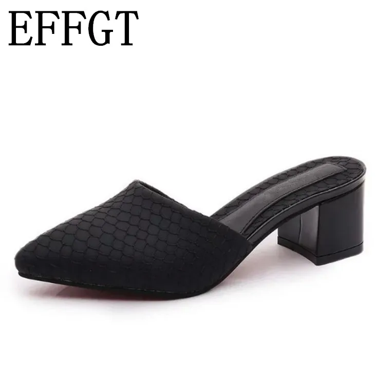 

EFFGT 2019 New Summer High Quality pointed toe metal Ladies shoes mid Heels slipper Women Sandals Ladies Slipper Shoes