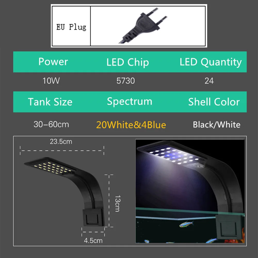 10 Вт аквариумный светодиодный светильник ing Clip on Aquarum Nano Tank лампы для пресной воды, светильник для выращивания растений - Цвет: B-WB EU Plug