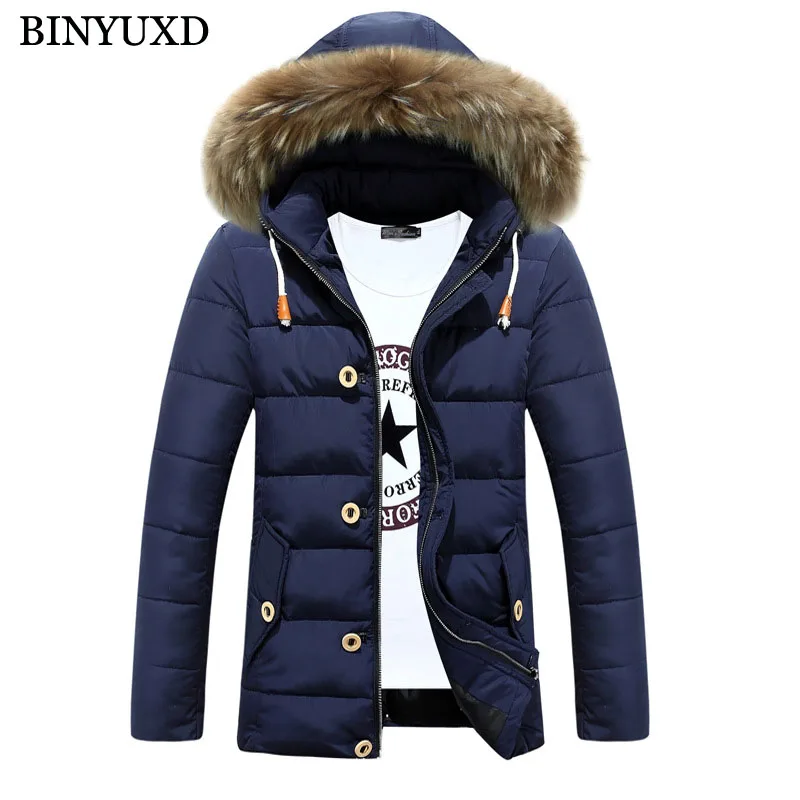 

BINYUXD Mens Winter Jackets and Coats Fake Fur Thicken Warm jacket Hooded Cotton-Padded Male Clothing Outwear Parkas Black