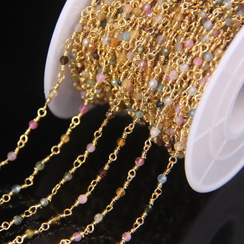 5 метров натуральный красочный Турмалин 2 мм круглые бусины розарийная цепь, Золотая латунная проволока обернутая ожерелье браслет цепочки для свитера