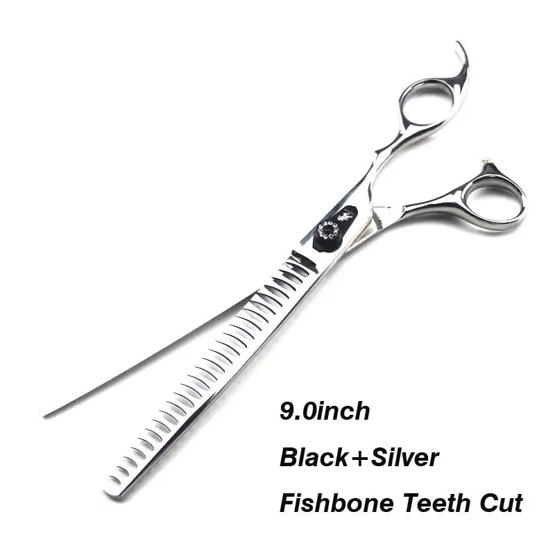 9.0 inch pet hairdressing scissors fish bone cut high-grade pet scissors JP440C material - Цвет: Silver Black Fish