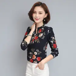 3XL принт шифоновая рубашка Женская топы 2019 весна новые женские блузки с длинным рукавом v-образный вырез облегающая блузка Большие размеры