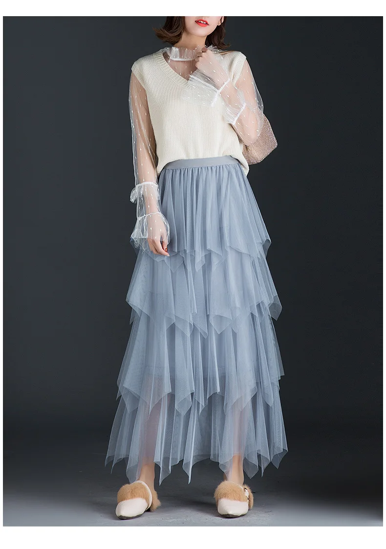 Женская Весенняя коллекция, кружевная Лоскутная газовая сетчатая юбка, Женская эластичная юбка с высокой талией и оборками, Асимметричные Длинные юбки, Saias