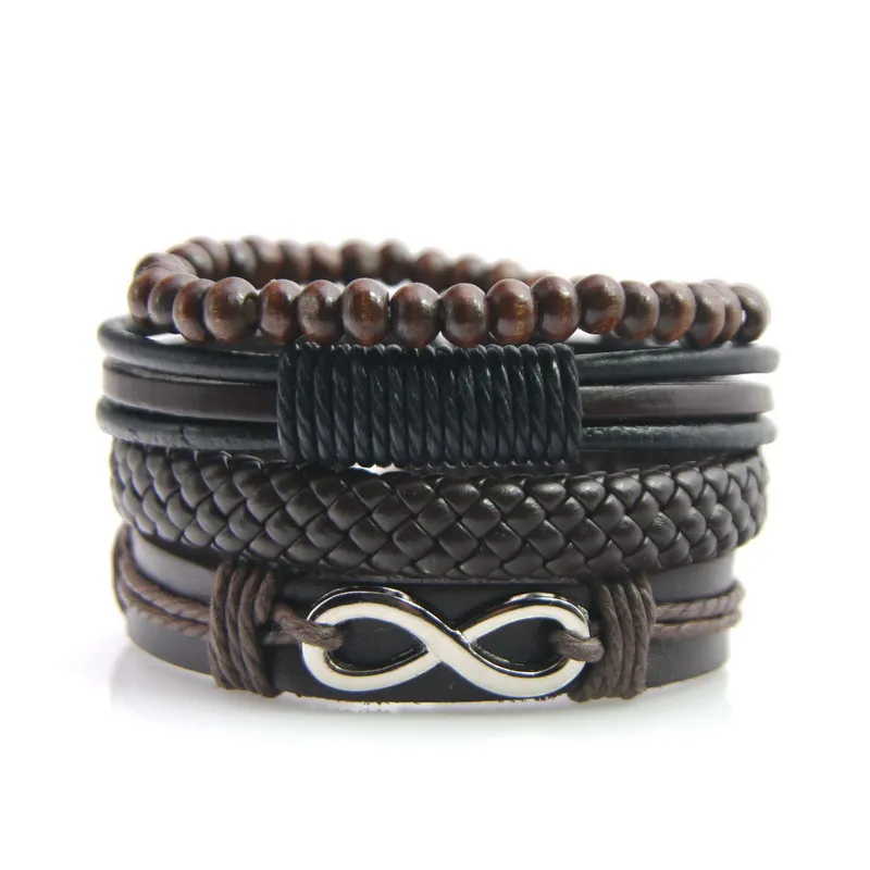 

4pcs/set Multi-layer Leather Wristband Bracelet For Men Charm Lace-up Bracelets Lovers' Jewelry Punk Vintage Beaded Bracelet