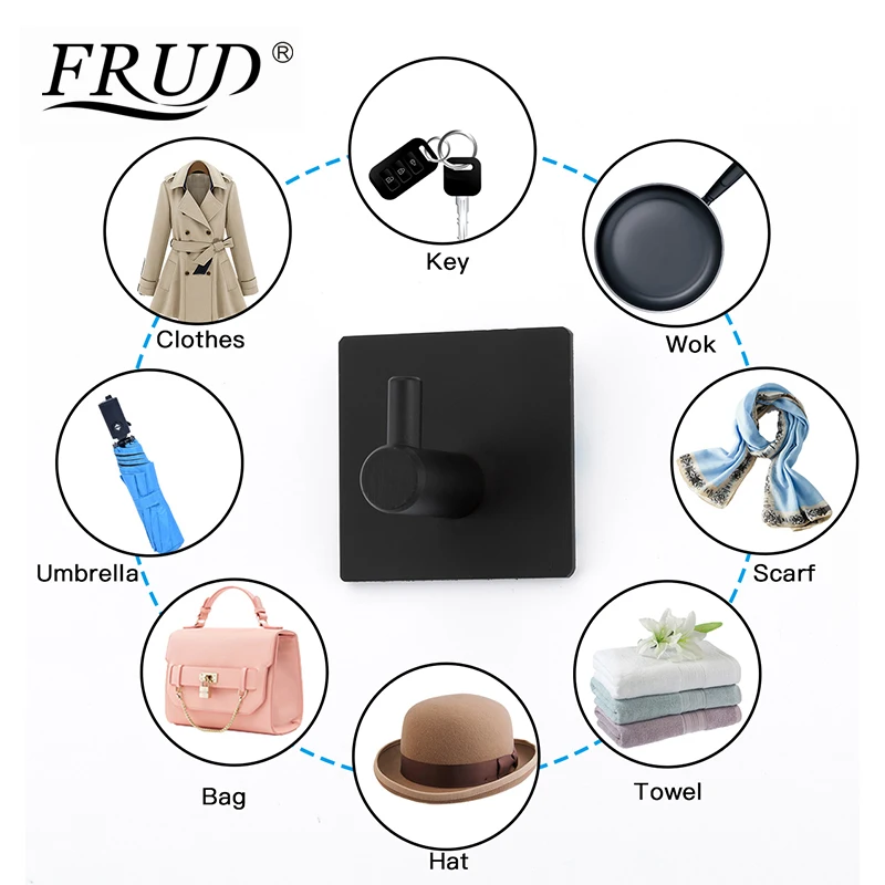 FRUD Modern Self Adhesive Hooks 4 pcs Stainless Steel Towel Robe Coat Cloth Bag Key Holder Hanger Heavy Duty Wall Mounted Black 