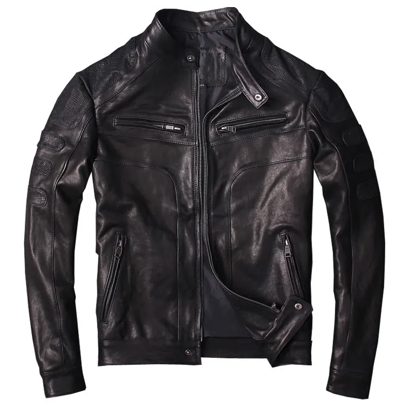 

2019 Black Men Spring Genuine Biker's Leather Jacket Plus Size XXXL Real Sheepskin Spring Slim Fit Riding Coat FREE SHIPPING