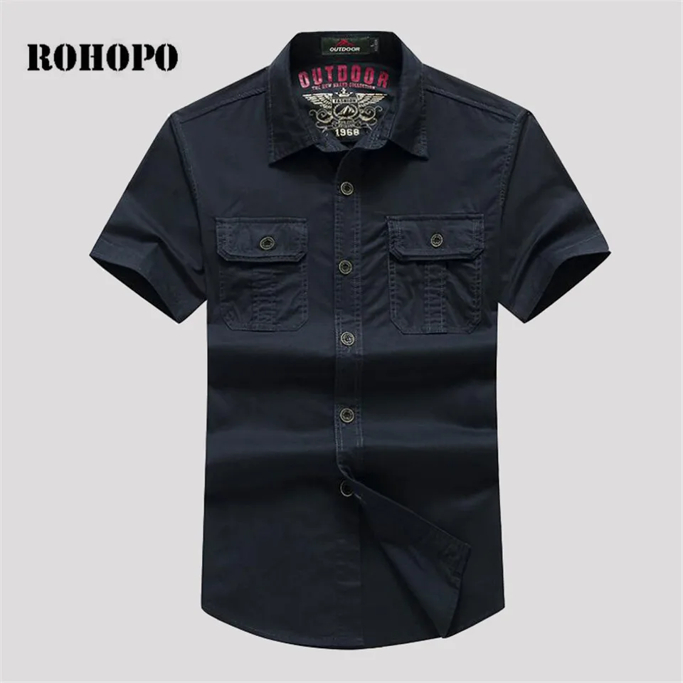 

ROHOPO Shirt Top Quality Short Sleeve Cotton Shirt Men Summer Military Cargo Cotton Outwear Washed Cotton Tooling Male Shirts