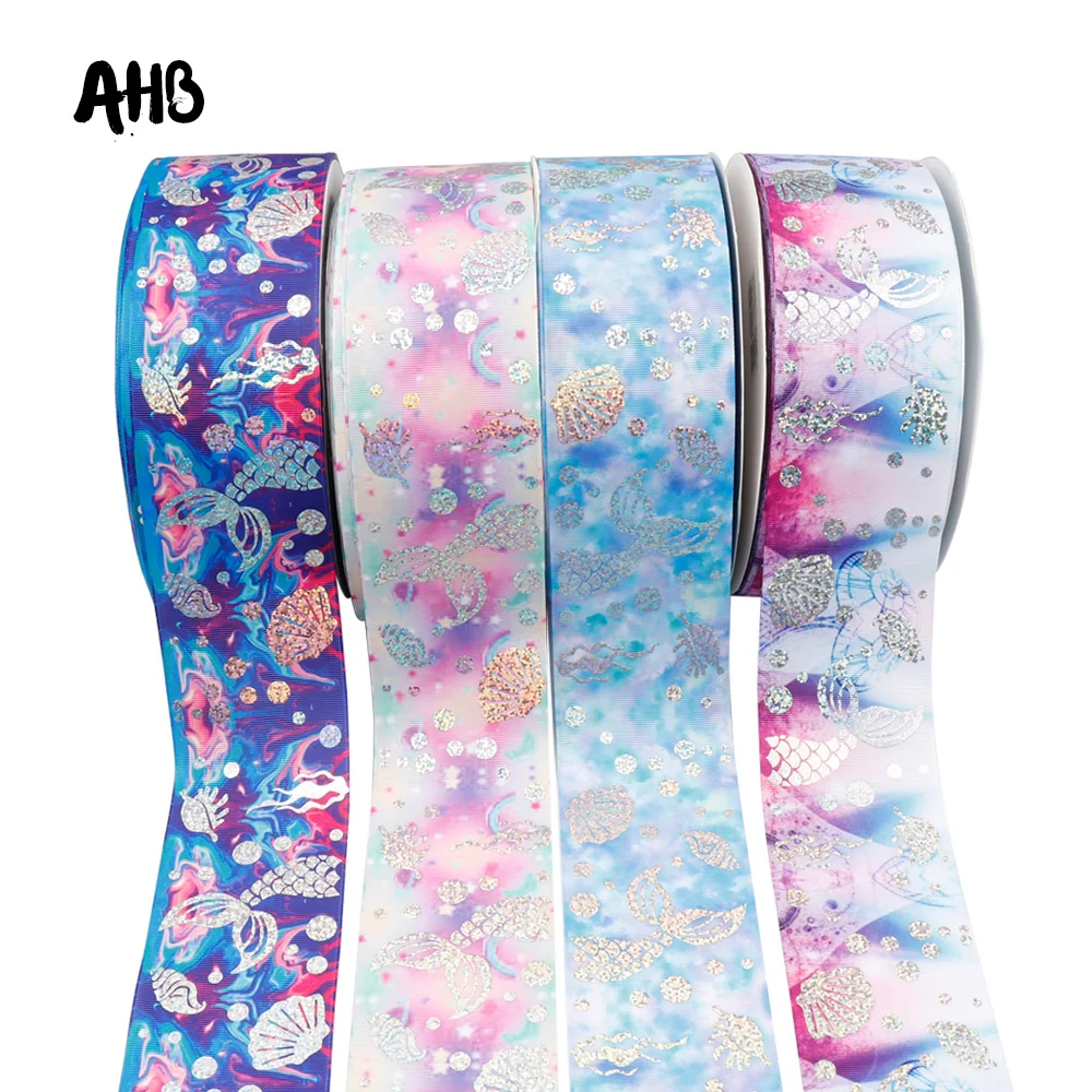 

AHB Grosgrain Ribbon 75mm Mermaid Foil Printed Ribbon DIY Hairbow Accessories Handmade Materials Gifts Packing Wrapping Ribbon
