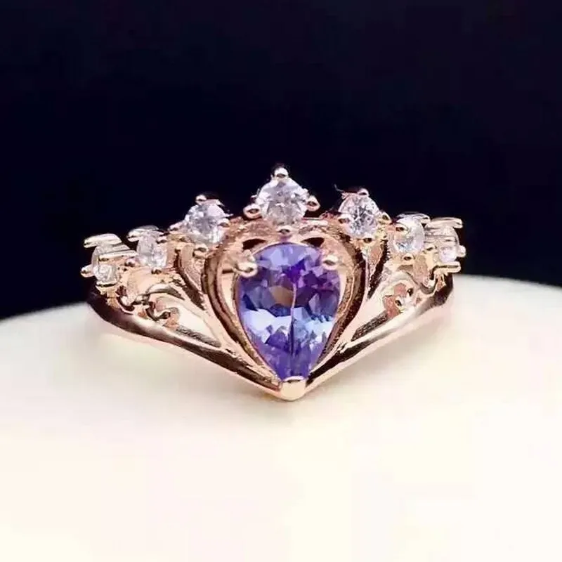 

100% fidelity Natural tanzanite Ring s925 sterling silver Natural 5*7mm blue gemstone crown ring fine Jewelry for women