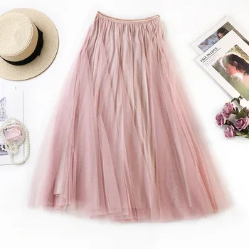 

Sherhure 2019 Women Summer Mesh Skirts High Waist Women A-Line Pink Midi Skirt Faldas Jupe Femme Women Long Skirt Saia