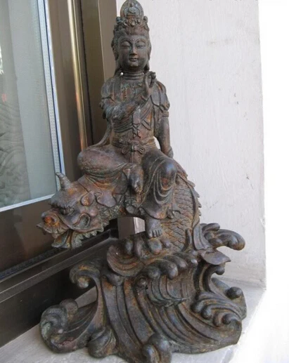 

Collectible bronze lion statue S0140 12 Tibet bronze carved Kwan-yin Bodhisattva Guan Yin Statue ride on Dragon Fish B0403