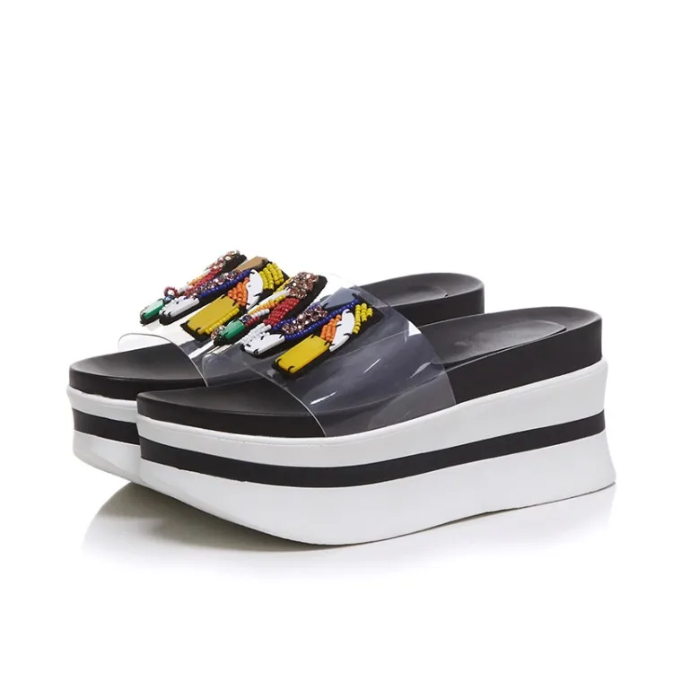 

2019 Summer Hot Selling New Wedge Slippers EVA Platform Slides Embellished PVC Transparent Clear Beach Shoes Women