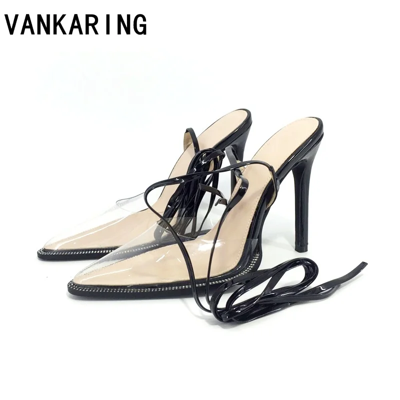 

brand shoes fashion style sexy high-heeled party shoes pumps shallow pointed toe mesh cross strap hollow sandals ladies mules