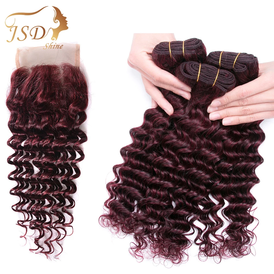 

Red 99j Burgundy Deep Wave Peruvian 3 Bundles With Closure Human Hair Extensions With Closure Non Remy Hair Free Shipping