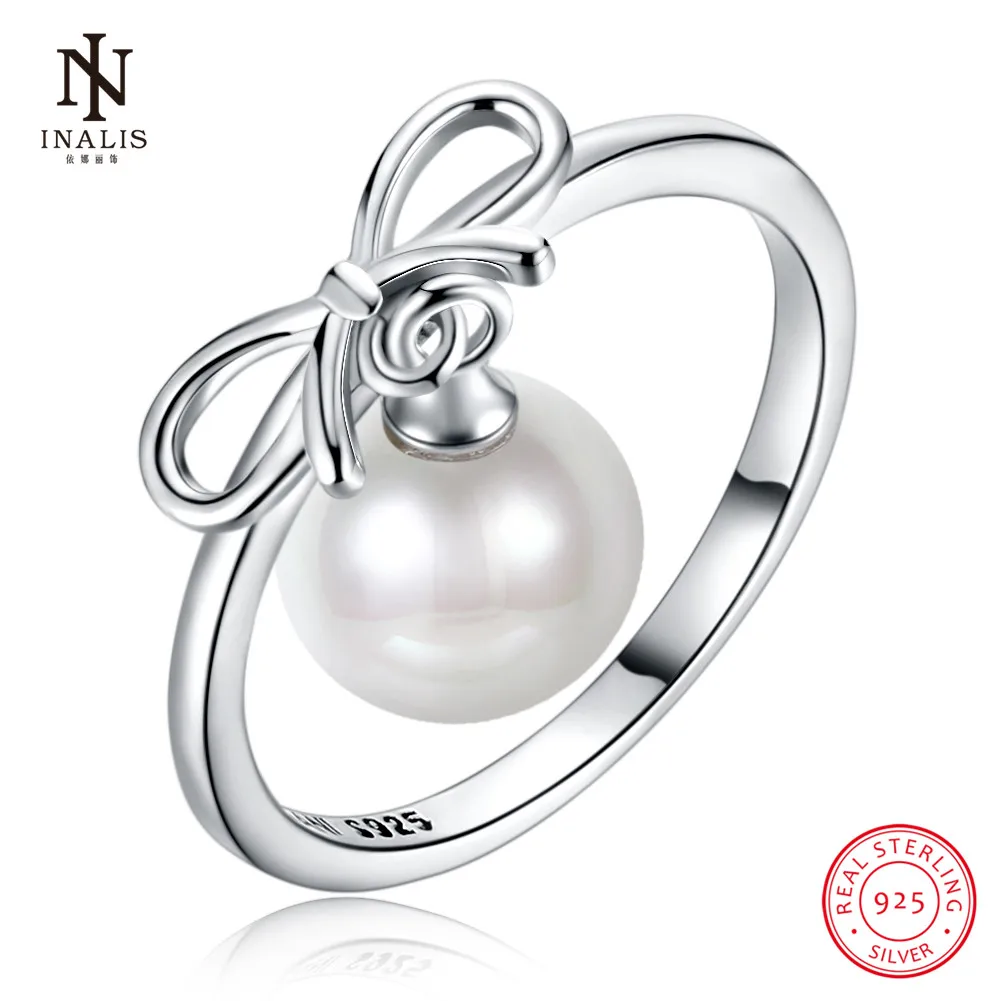 

INALIS 925 Sterling Silver Ring Bowknot Pearl Elegant Personality Jewelry For Women Female Girl Gift