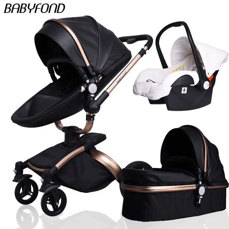Детская коляска с высоким пейзажем, 3 в 1, коляска для новорожденных, вращающаяся на 360 градусов, двусторонняя детская коляска, SUV, подвеска автомобиля - Цвет: Gold frame black 2