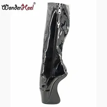 Wonderheel/хит, закрытые, на молнии, 18 см, на танкетке, до колена, балетные сексуальные фетиш сапоги на высоком каблуке, черные, лакированные, с замочком, балетки