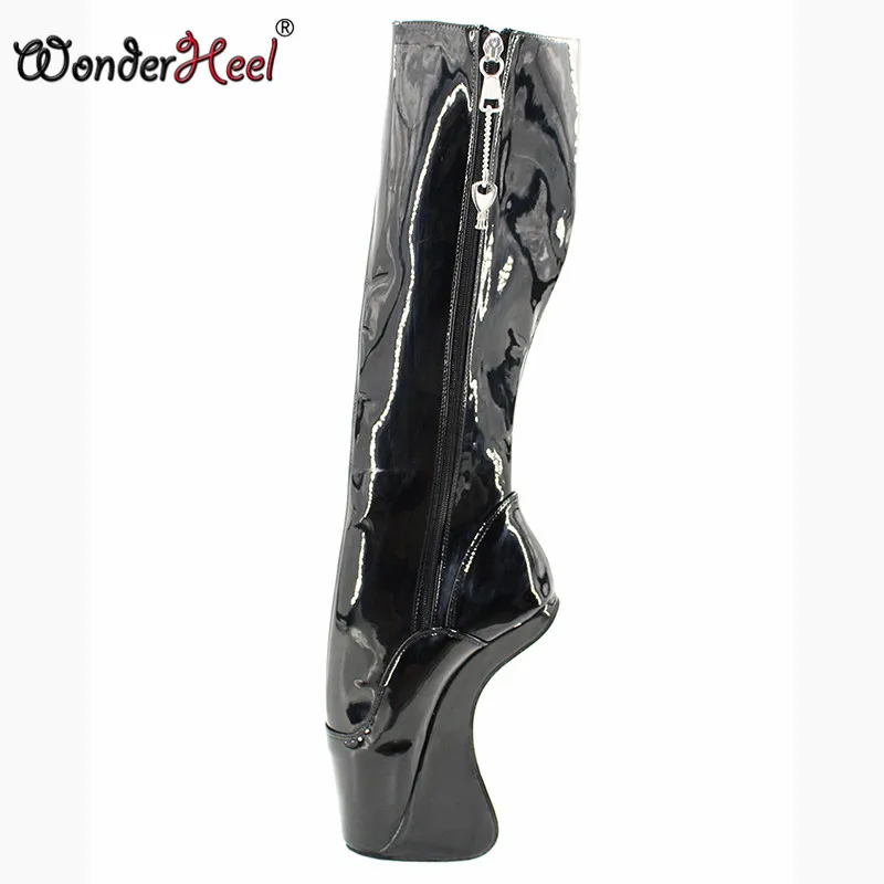 

Wonderheel Hot locked zipper 18cm wedges heel Knee high ballet Boots sexy fetish high heel black patent lockable ballet shoes
