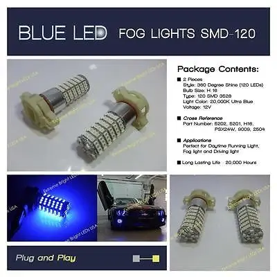 2pcs 20000K Xenon HID BLUE 5202 H16 5201 120SMD LED Driving DRL Fog Lights | Автомобили и мотоциклы