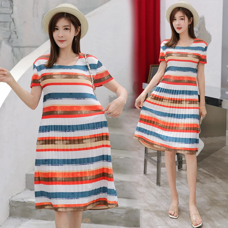 

9951# Stretch Striped Pleated Maternity Dress Summer Korean Fashion Slim Bodycon Clothes for Pregnant Women Pregnancy Clothing