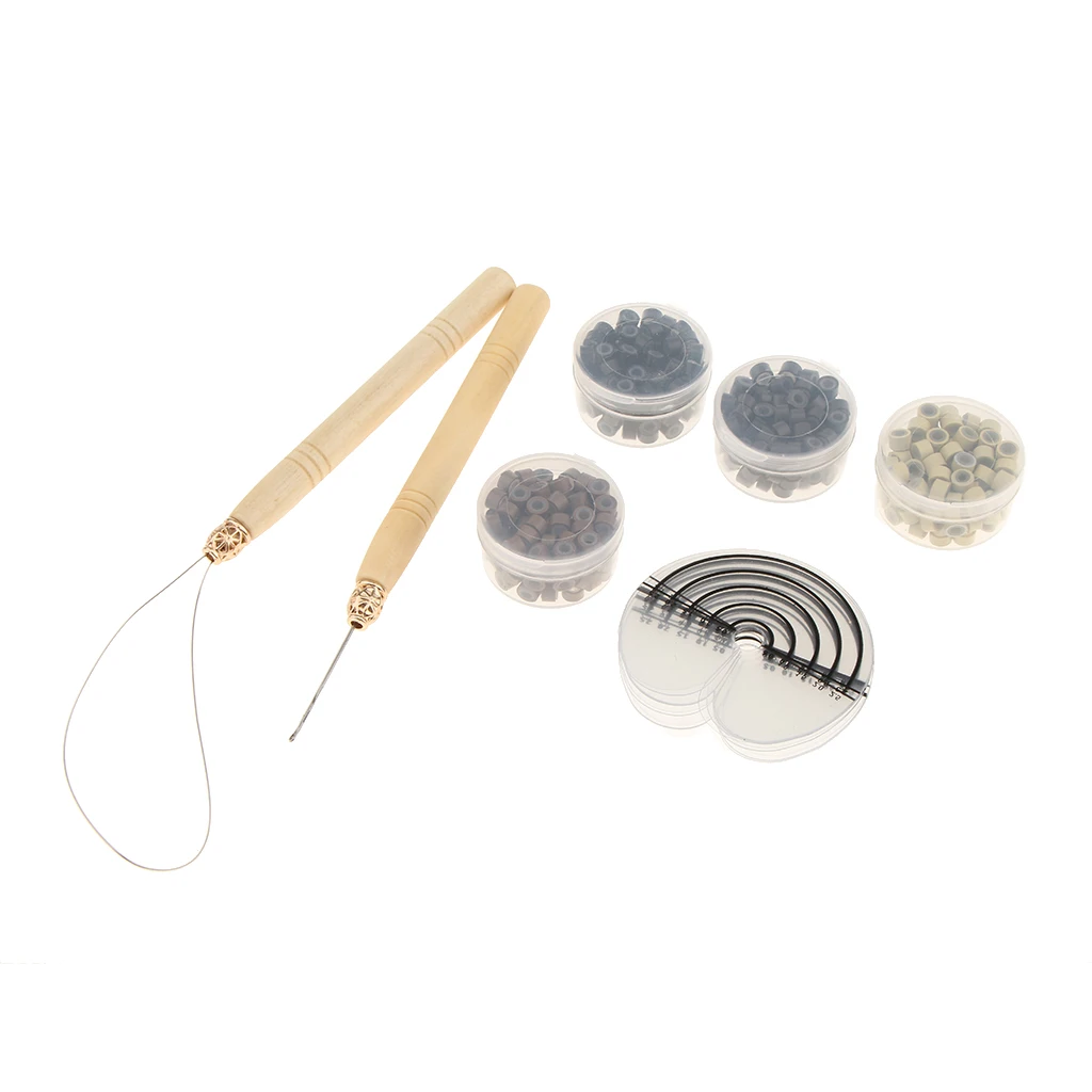Hair Extension Tools Set Wood Hook Pulling Needle Loop Threader + 500 Micro Link Beads+ 10x Heat Shield Guards