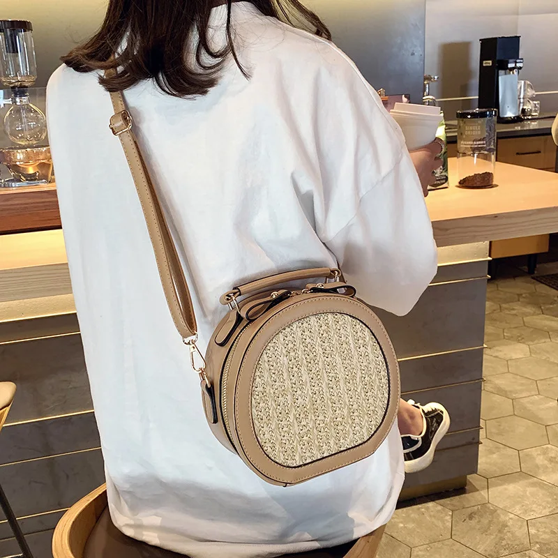 

JI HAO Original Design Female Shoulder Bags PU Leather Crossbody Bag For Women Fashion Ladies Handbag Straw Small Round bag