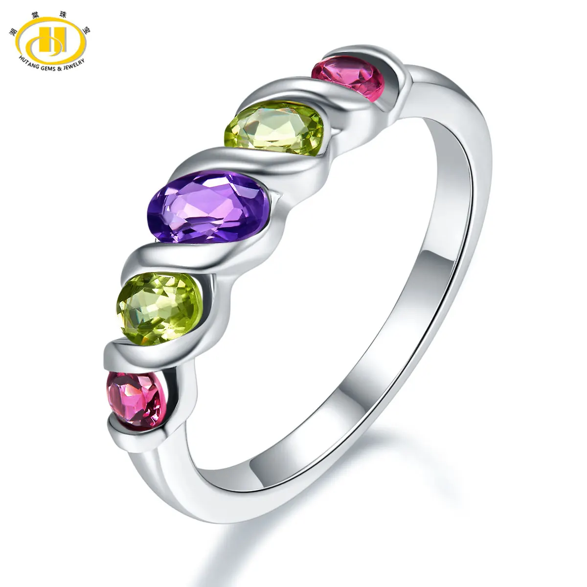 Hutang Natural Multi-color Gemstone Ring Solid 925 Sterling Silver Rings Amethyst Peridot Rhodolite Fine Jewelry For Women Gift
