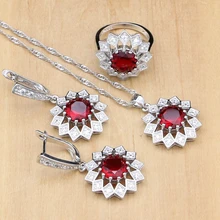 Серебро 925 наборы красный камень белый кристалл для женщин Свадебные аксессуары серьги/кулон/кольца/ожерелье Дубай ювелирные наборы