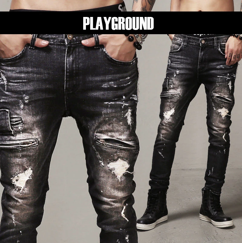 Mens Skinny Jeans Paris Runway Distressed Slim Elastic Jeans Denim Biker Ripped Jeans Hip Hop Pants Acid Washed Black Jeans Men