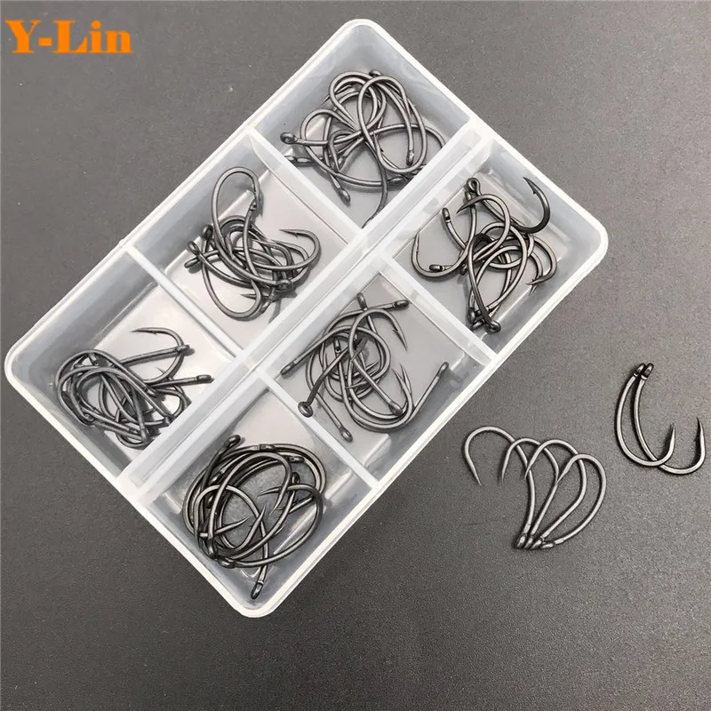 

60PCS TEFLON Carp fishing hooks SIZE 6 8 YN GNIPPEN WIDE GAPE hooks Eyed sharp point Crank barbed made in japan