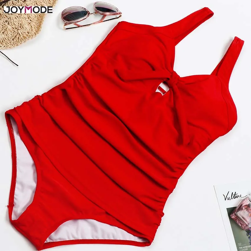 

JOYMODE 2018 New Women red Bikini One piece Push up Tankini Wireless Bra Bandage Strap Bow tie Swimsuit B