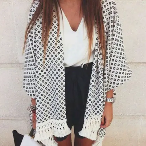 

Summer Chiffon Coat Shawl Kimono Cardigan UK Ladies Blouse Geometry Printed