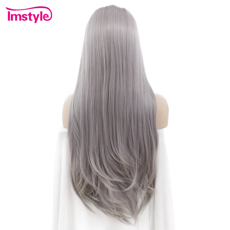 Peluca frontal de encaje Imstyle pelucas largas grises rectas para mujer Peluca de encaje sintético de fibra resistente al calor para mujer cosplay