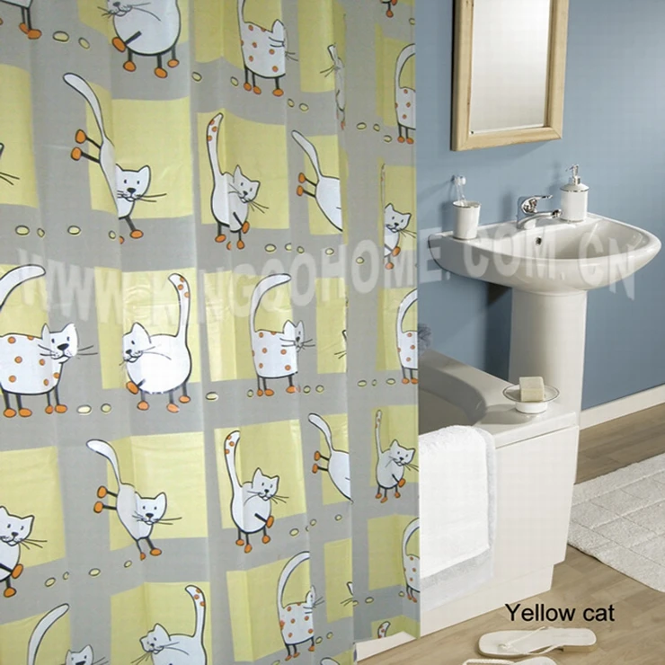 Quality eco friendly peva shower curtain yellow cat 180cm shower