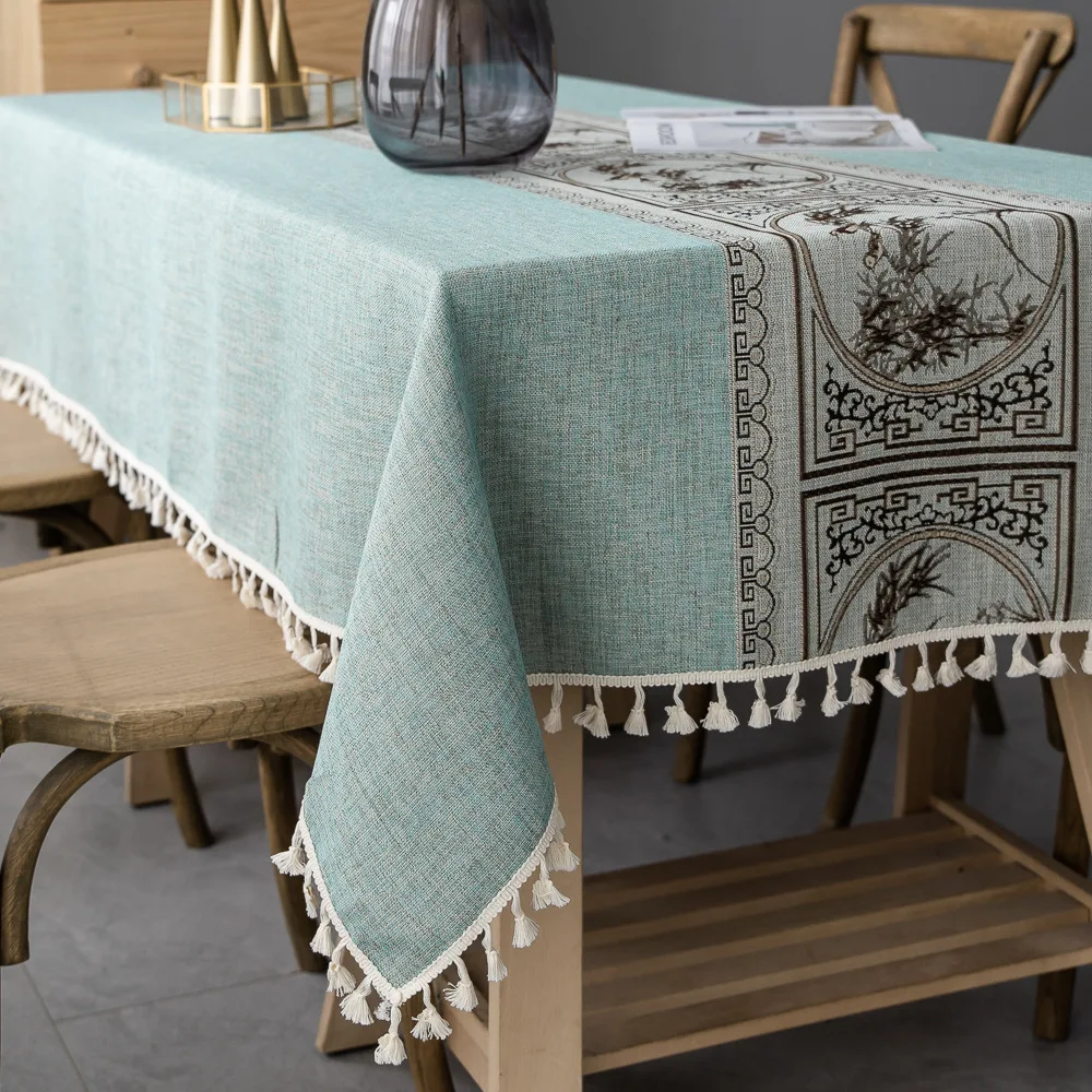 Luxury Embroidered Tablecloth Upscale Linen Cotton Relief Painting Pattern Table cloth Pendant Deco