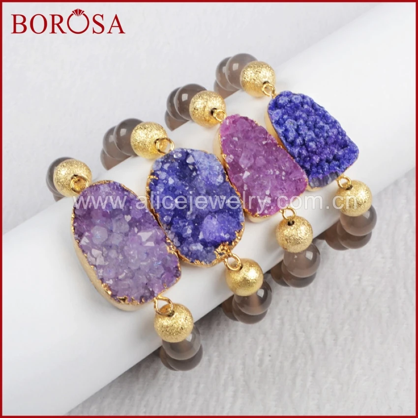 

BOROSA handcrafted beaded Natural Crystal Druzy bracelets Purple gold Geode connector 10mm Grey Crystal Beads Adjustable 294