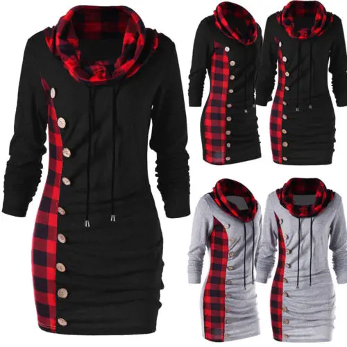  Women Winter Long Sleeve Turtle Neck Jumper Hoodies Sweatshirt Plaid Autumn Casual Top Outwear