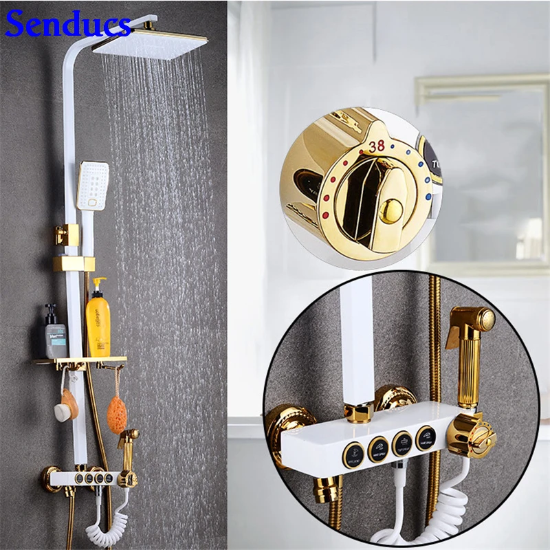 0520-D3-Thermostatic Senducs Белый Золотой смеситель для душа для ванной комнаты с латунным биде качество ручной душ abs голова роскошная белая Ванна Душевая система - Цвет: 0520-D3-Thermostatic