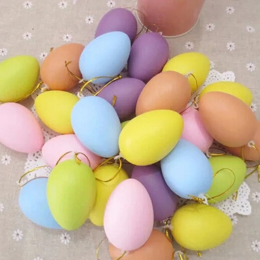 

12pcs Colorful Plastic Hanging Easter Egg Ornaments Easter Decoration For Home Kids Children DIY Painting Egg With Rope Gifts
