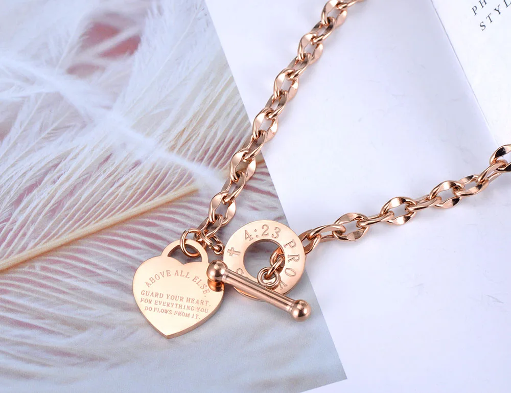 Titanium Stainless Steel Heart Charm Pendant Necklace O-Chain Jewelry Classic Love Bible Proverbs 4:23
