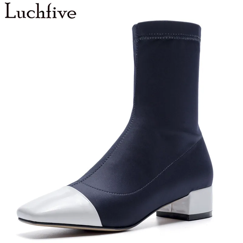 

2018 New middle heels Stretch Fabric Botas Ankle Boots for women patchwork square toe Sock Shoes Botines Mujer short boots