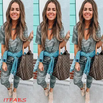 

Womens Casual Tracksuit Army green camouflage Tops + Pants 2Pcs Sets Sport Wear