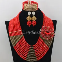 Красный& Champagne Gold Африканский Бусины комплект ювелирных изделий Свадебные Цепочки и ожерелья Кристалл Бусины комплект ювелирных изделий 10rows amj987