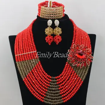 

Red&Champagne Gold African Beads Jewelry Set Wedding Bridal Necklace Crystal Beads Jewelry Set 10 Rows Free Shipping AMJ987