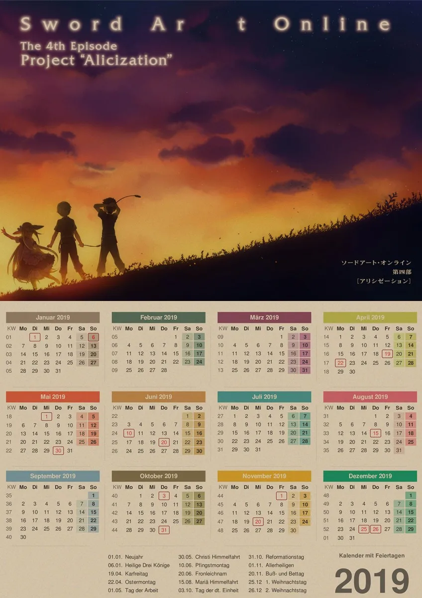 Sword Art Online 2019 Calendar kraft poster wall sticker Japanese anime Kirigaya Kazuto Yuuki Asuna  living room decoration