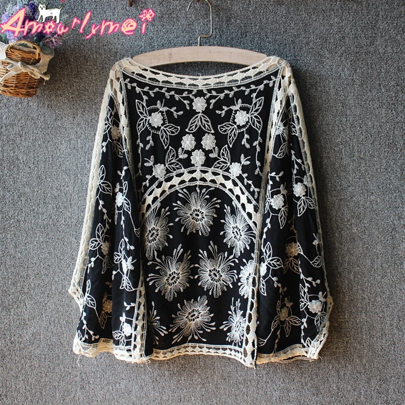 2019 Summer New Women's Mori Girl Vintage Hollow Out Embroidery Lace Loose Batwing Sleeve Kimono Cardigan Blouse Shirt Tops 2019 Summer New Women's Mori Girl Vintage Hollow Out Embroidery Lace Loose Batwing Sleeve Kimono Cardigan Blouse Shirt Tops