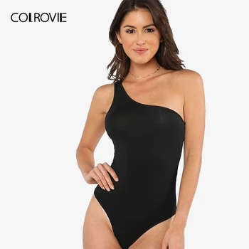

COLROVIE One Shoulder Solid Skinny Bodysuit 2018 Summer Asymmetrical Neck Beach Women Clothing Black Sleeveless Sexy Bodysuit