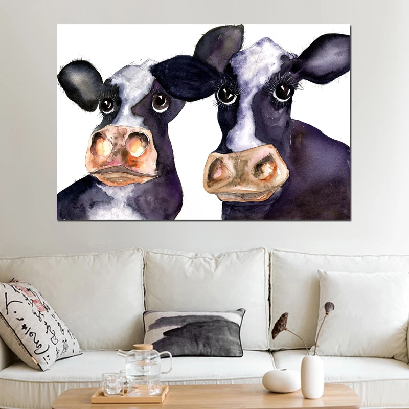 

RELIABLI Cute Animal Art Canvas Painting Cow Couples Pictures Print on Canvas for Living Room Wall Art Prints Unframed