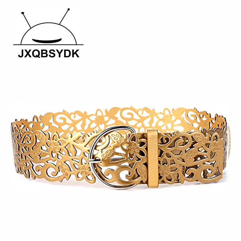 

JXQBSYDK Brand Women Belts Fashion Hollow Openwork Flower Pin Buckle Female Belts Imitation Leather PU Belts for Women